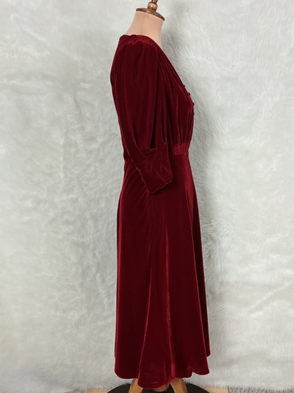 Lauren Ralph Lauren Red Velvet Smocked Shoulder Puff Bubble Half Sleeve Dress 0 - Picture 6 of 9